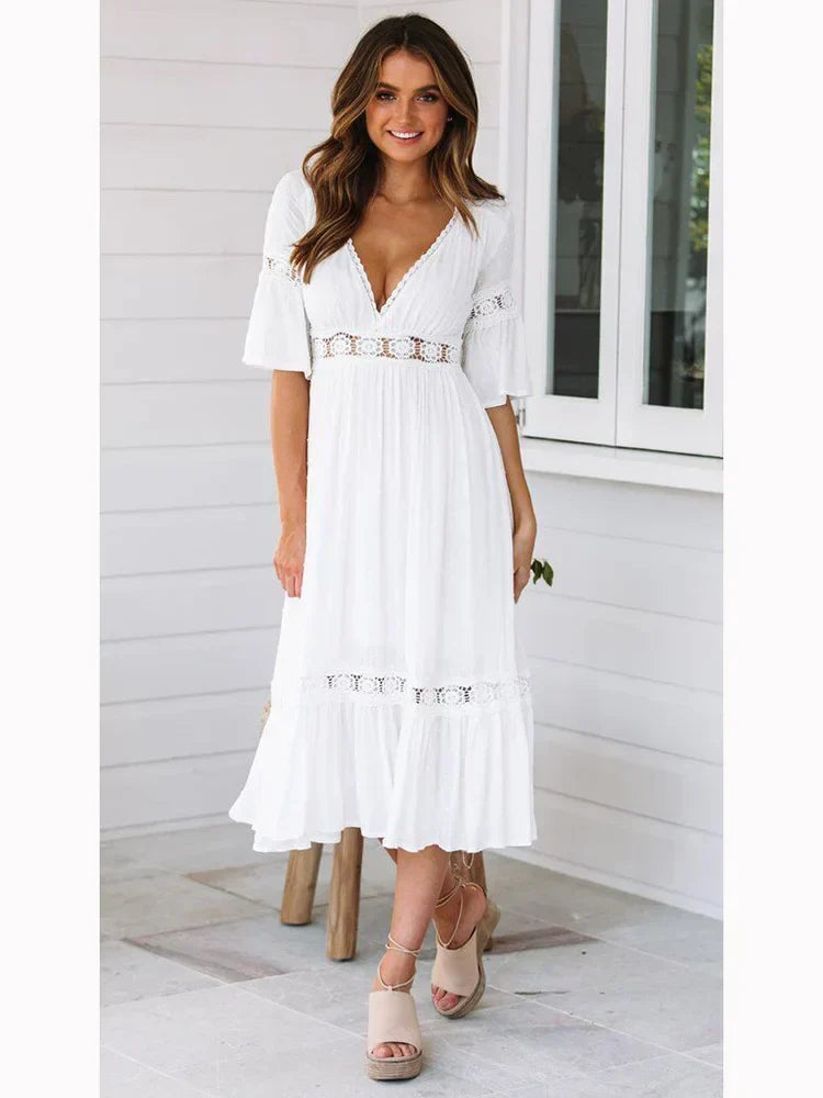 Deep V Neck Lace Insert Bell Sleeve Tiered Ruffle Hem Midi Dress
