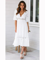 Deep V Neck Lace Insert Bell Sleeve Tiered Ruffle Hem Midi Dress