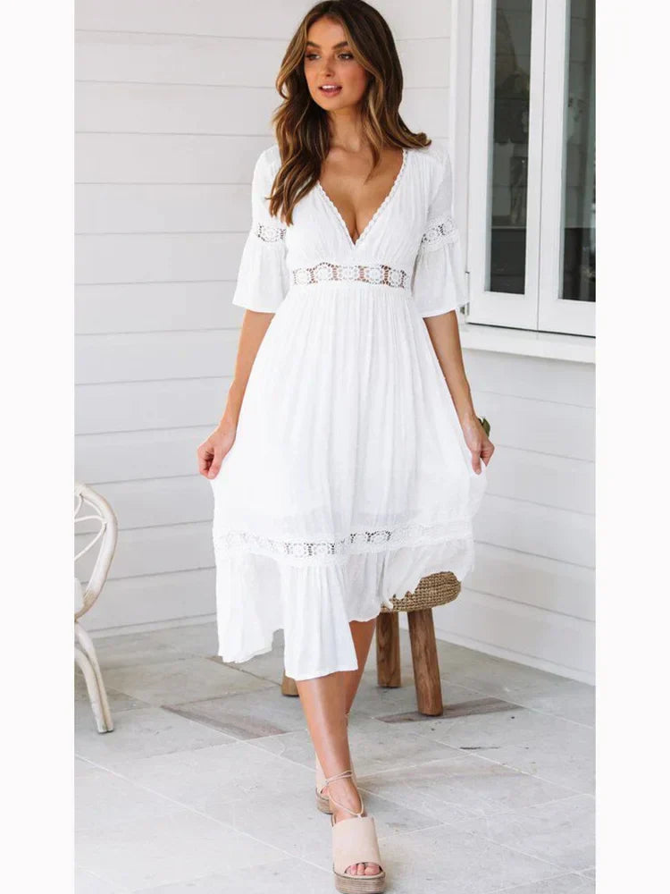 Deep V Neck Lace Insert Bell Sleeve Tiered Ruffle Hem Midi Dress