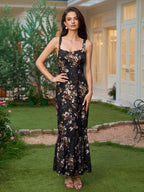 Lace Trim Backless Floral Print Mermaid Dress