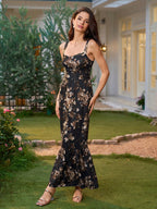 Lace Trim Backless Floral Print Mermaid Dress