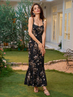 Lace Trim Backless Floral Print Mermaid Dress