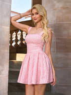 Lace Trim Embellished Plaid Print Crisscross Back Mini Dress