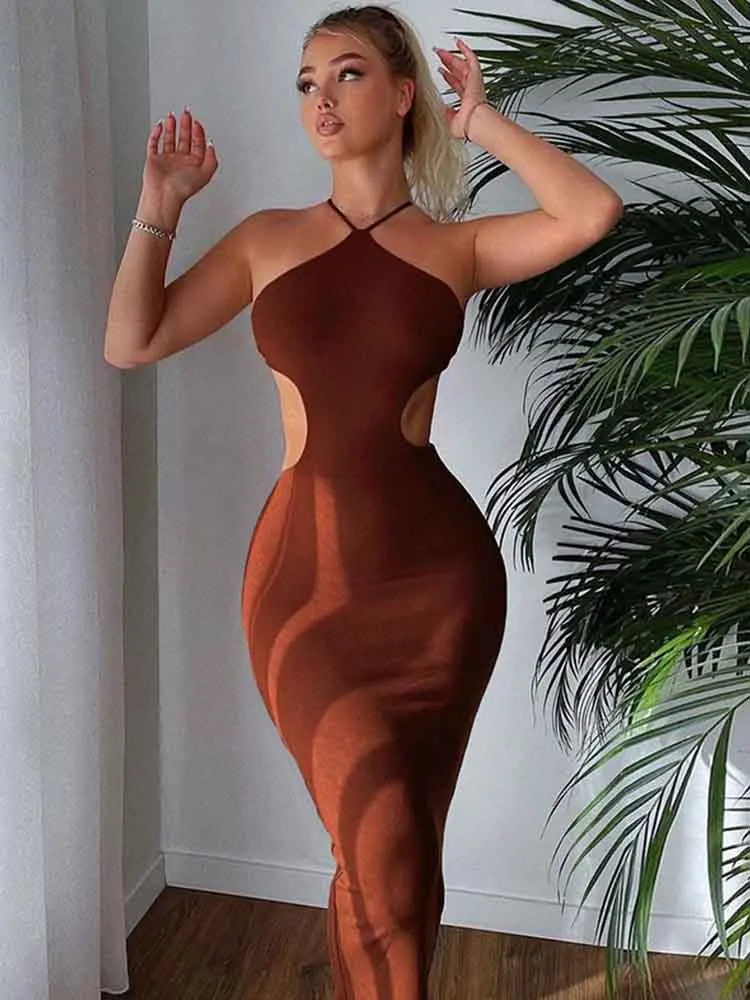 Halter Neck Waist Cutout Lace Up Side Bodycon Midi Dress