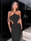 Halter Neck Waist Cutout Lace Up Side Bodycon Midi Dress