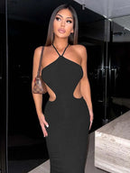 Halter Neck Waist Cutout Lace Up Side Bodycon Midi Dress