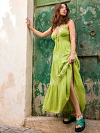 Floral Embroidery Plunging V-Neck Tie Waist Tiered Gauze Maxi Dress