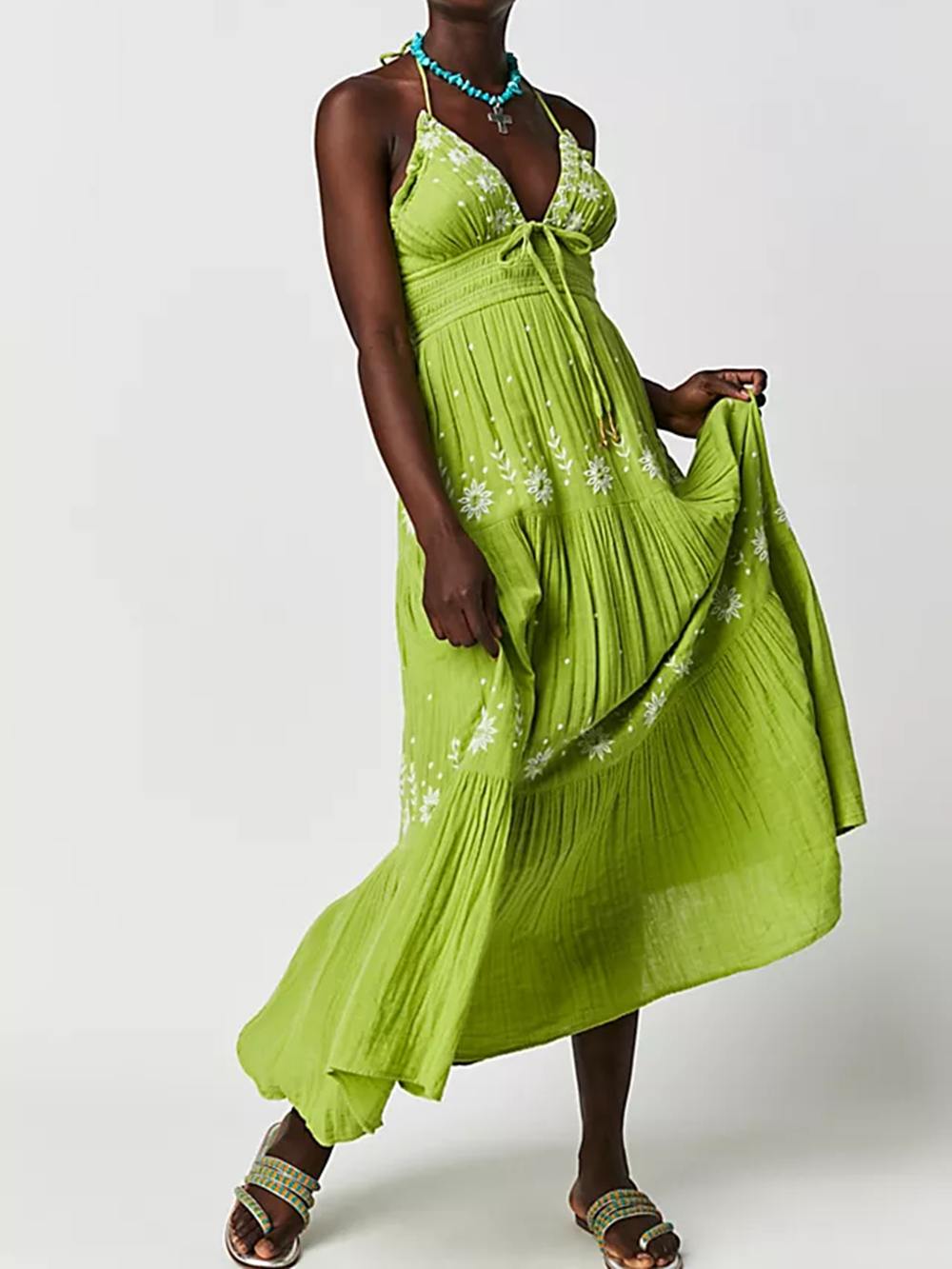Floral Embroidery Plunging V-Neck Tie Waist Tiered Gauze Maxi Dress