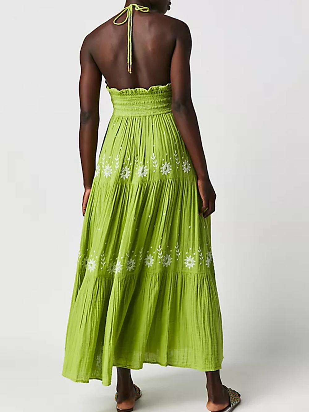 Floral Embroidery Plunging V-Neck Tie Waist Tiered Gauze Maxi Dress