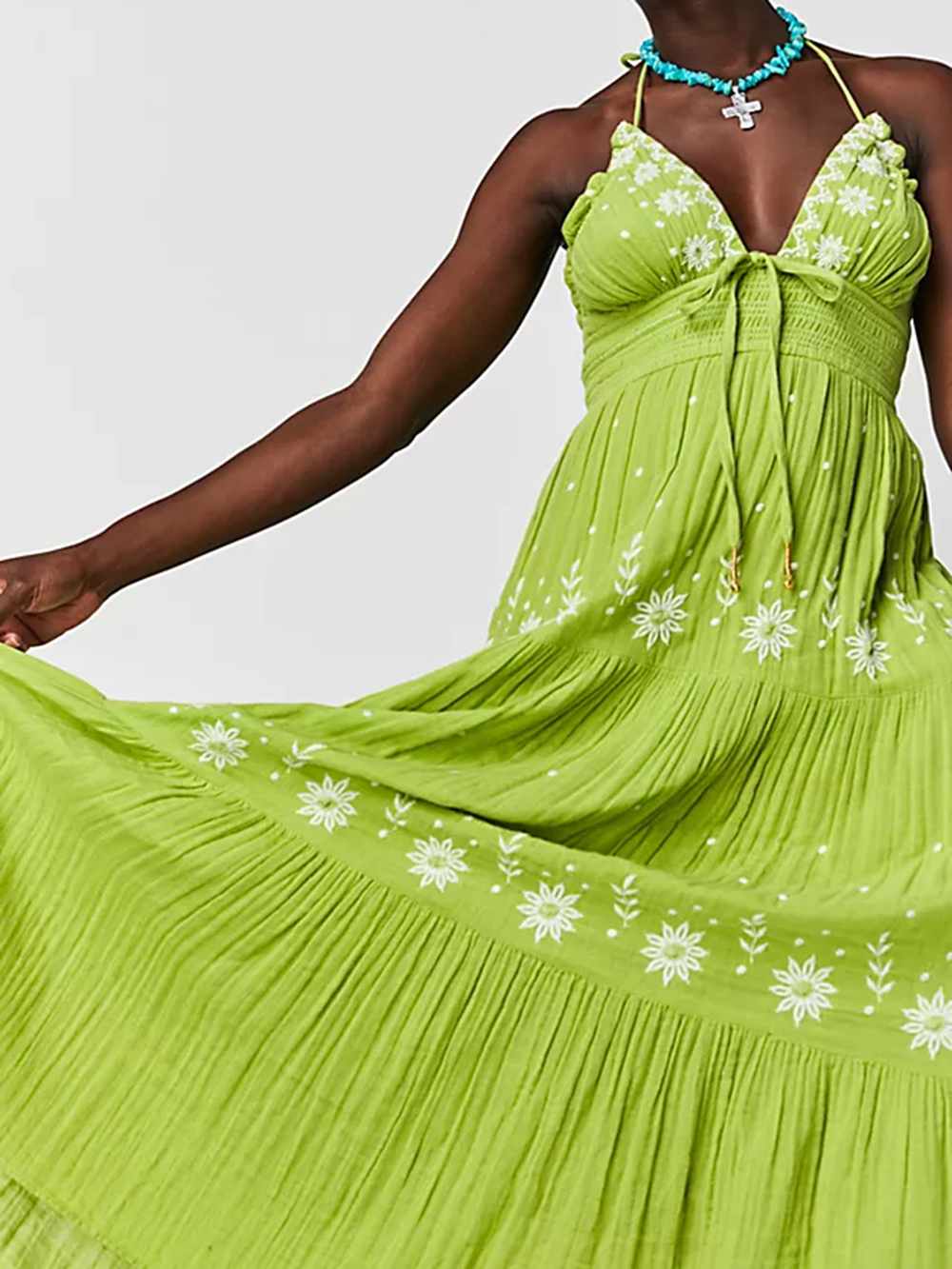 Floral Embroidery Plunging V-Neck Tie Waist Tiered Gauze Maxi Dress