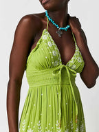 Floral Embroidery Plunging V-Neck Tie Waist Tiered Gauze Maxi Dress