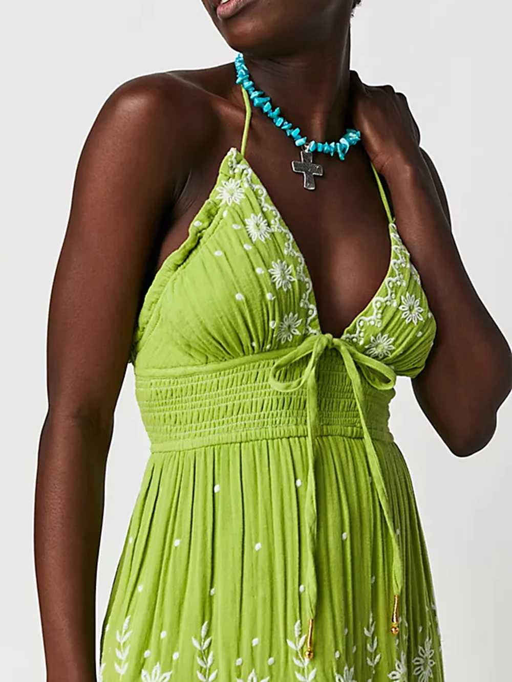 Floral Embroidery Plunging V-Neck Tie Waist Tiered Gauze Maxi Dress