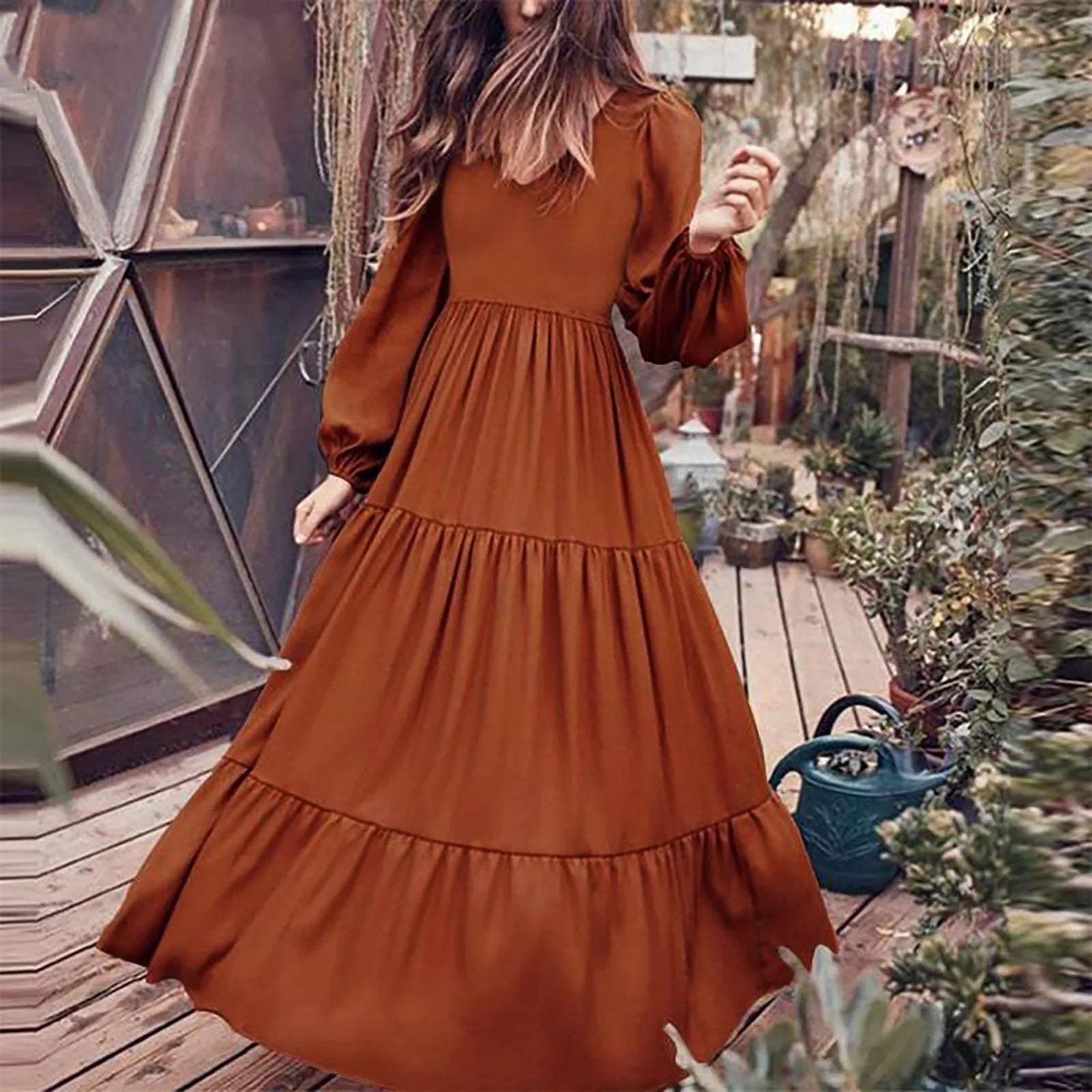 Deep V-Neck Lantern Sleeve Three Tier Gathered Boho Maxi Dress