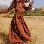 Deep V-Neck Lantern Sleeve Three Tier Gathered Boho Maxi Dress