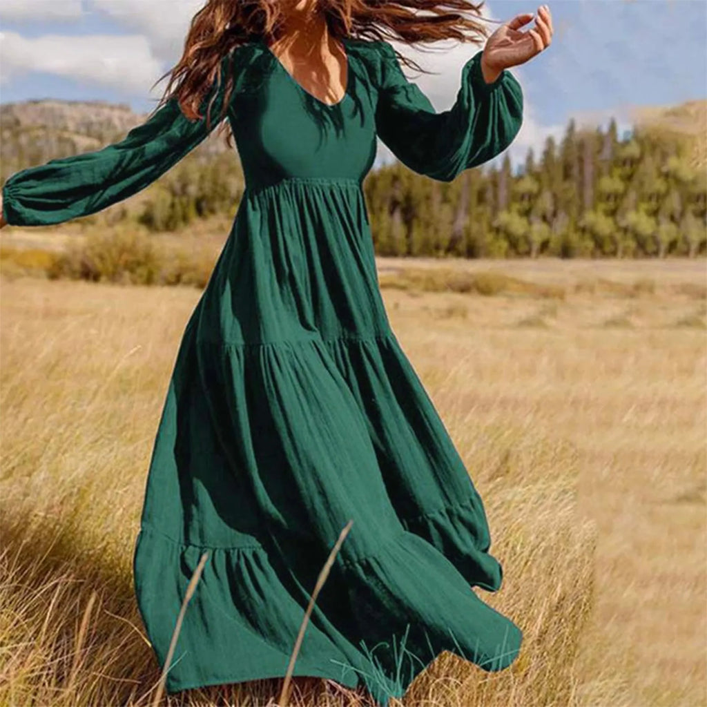 Deep V-Neck Lantern Sleeve Three Tier Gathered Boho Maxi Dress