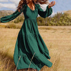 Deep V-Neck Lantern Sleeve Three Tier Gathered Boho Maxi Dress