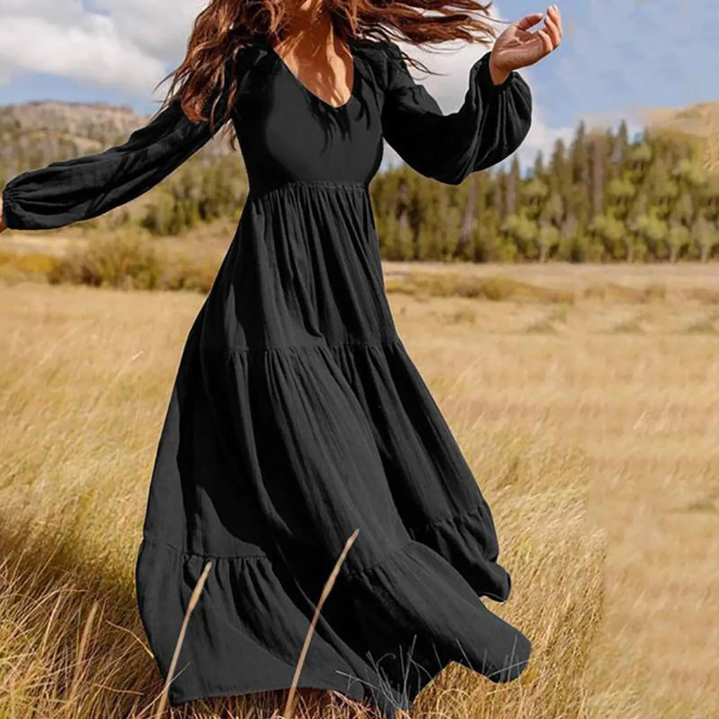 Deep V-Neck Lantern Sleeve Three Tier Gathered Boho Maxi Dress