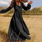 Deep V-Neck Lantern Sleeve Three Tier Gathered Boho Maxi Dress