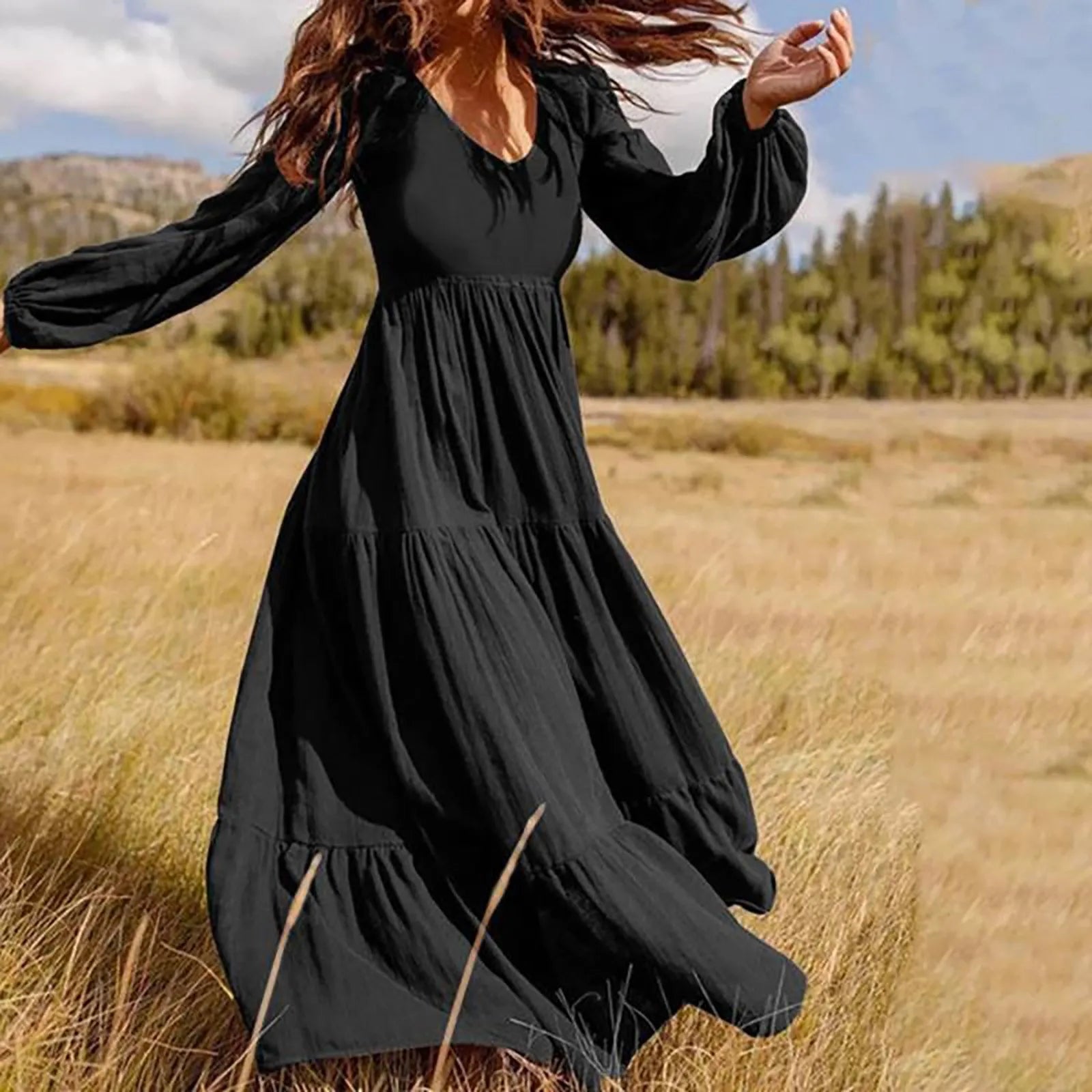 Deep V-Neck Lantern Sleeve Three Tier Gathered Boho Maxi Dress