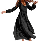 Deep V-Neck Lantern Sleeve Three Tier Gathered Boho Maxi Dress