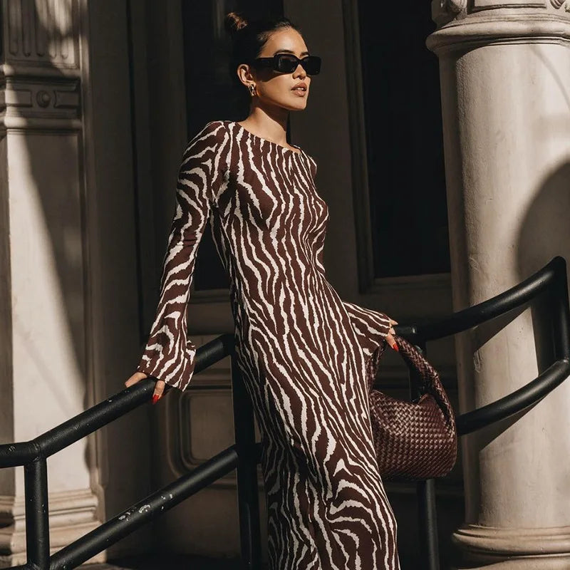 Zebra Print Bell Sleeve Mock Neck Maxi Dress