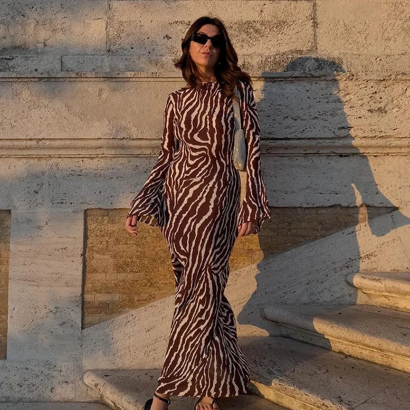 Zebra Print Bell Sleeve Mock Neck Maxi Dress