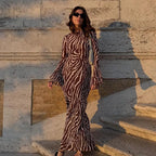 Zebra Print Bell Sleeve Mock Neck Maxi Dress