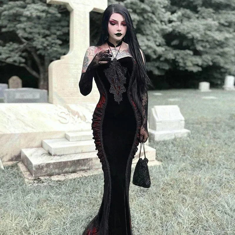 Velvet Brocade Panel Strapless Pointed Bust Mermaid Maxi Gown
