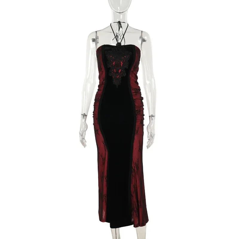Velvet Brocade Panel Strapless Pointed Bust Mermaid Maxi Gown