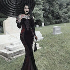 Velvet Brocade Panel Strapless Pointed Bust Mermaid Maxi Gown