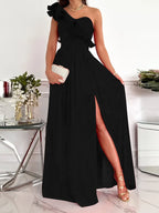 One-Shoulder Ruffle Detail High Slit A-Line Maxi Dress