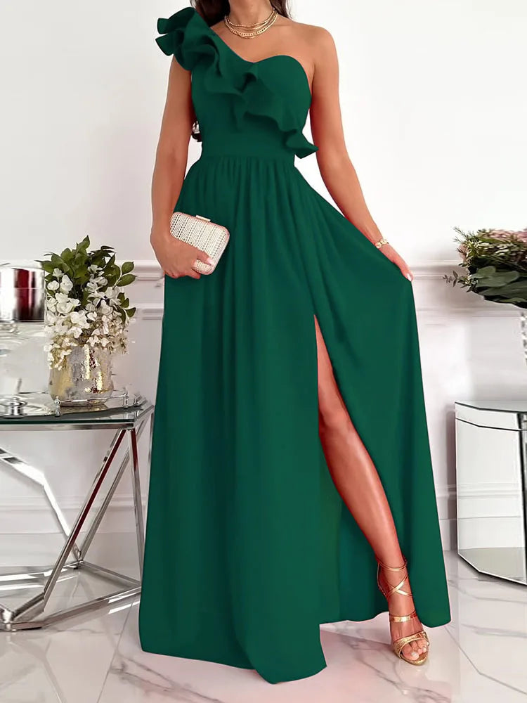 One-Shoulder Ruffle Detail High Slit A-Line Maxi Dress