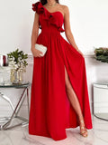 One-Shoulder Ruffle Detail High Slit A-Line Maxi Dress