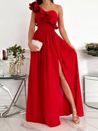 One-Shoulder Ruffle Detail High Slit A-Line Maxi Dress