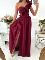 One-Shoulder Ruffle Detail High Slit A-Line Maxi Dress