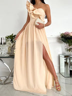 One-Shoulder Ruffle Detail High Slit A-Line Maxi Dress