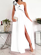 One-Shoulder Ruffle Detail High Slit A-Line Maxi Dress