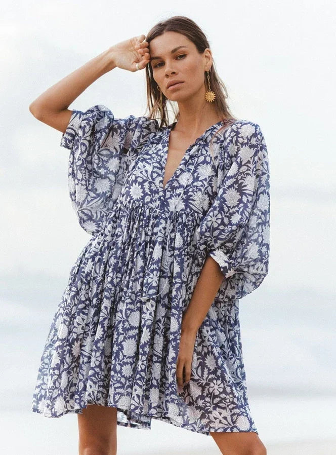 Floral Print Empire Waist V-Neck Three Quarter Sleeve Babydoll Mini Dress