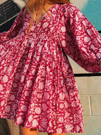 Floral Print Empire Waist V-Neck Three Quarter Sleeve Babydoll Mini Dress