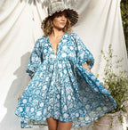 Floral Print Empire Waist V-Neck Three Quarter Sleeve Babydoll Mini Dress