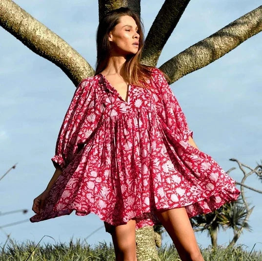 Floral Print Empire Waist V-Neck Three Quarter Sleeve Babydoll Mini Dress