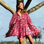 Floral Print Empire Waist V-Neck Three Quarter Sleeve Babydoll Mini Dress