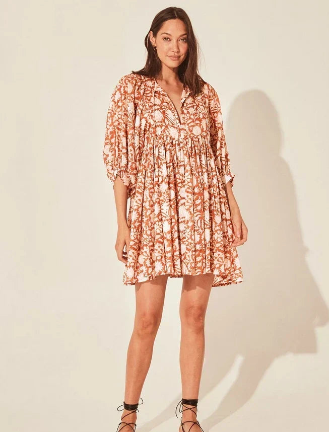 Floral Print Empire Waist V-Neck Three Quarter Sleeve Babydoll Mini Dress