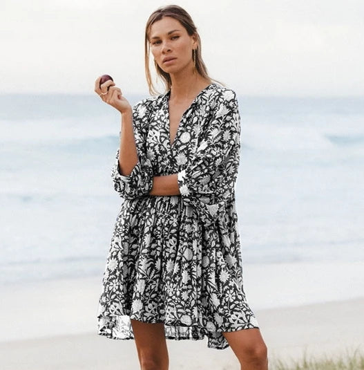 Floral Print Empire Waist V-Neck Three Quarter Sleeve Babydoll Mini Dress