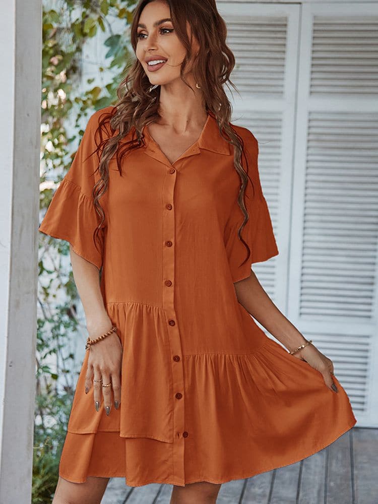 Collared Button-Front Ruffle Sleeve Tiered Hem Mini Dress