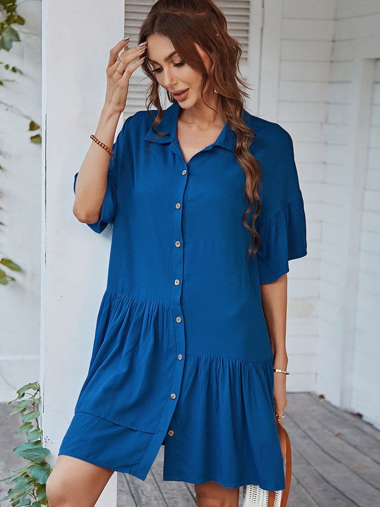 Collared Button-Front Ruffle Sleeve Tiered Hem Mini Dress