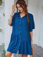 Collared Button-Front Ruffle Sleeve Tiered Hem Mini Dress