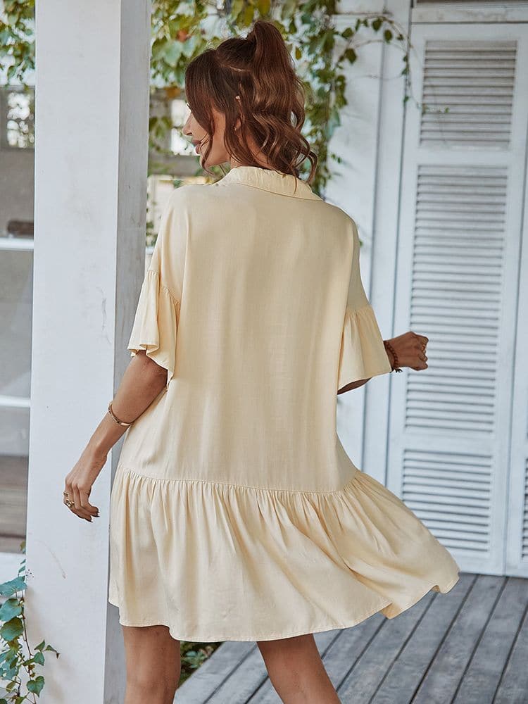 Collared Button-Front Ruffle Sleeve Tiered Hem Mini Dress