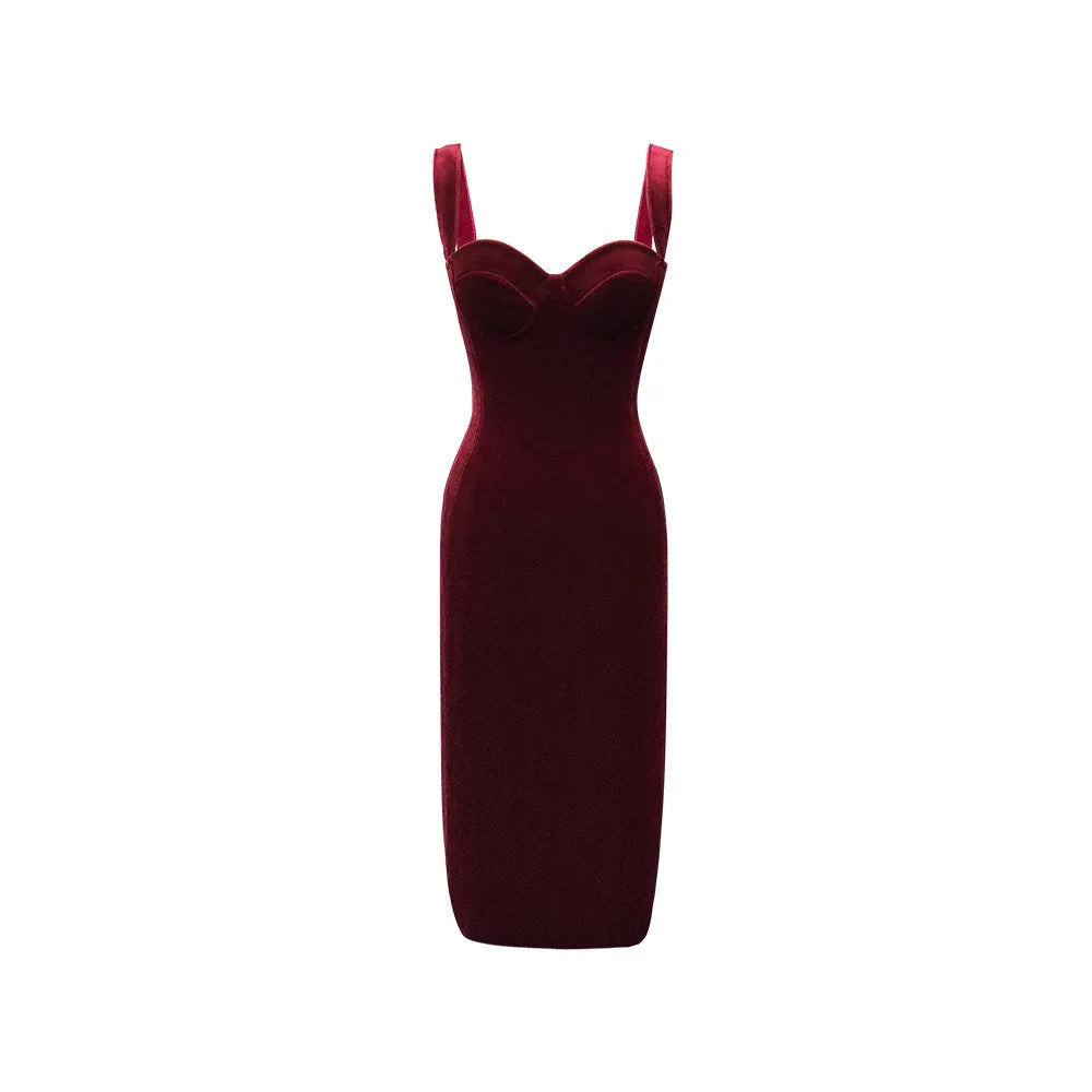 Velvet Corset Bustier Sweetheart Neck Wide Strap Bodycon Midi Dress
