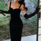 Velvet Corset Bustier Sweetheart Neck Wide Strap Bodycon Midi Dress